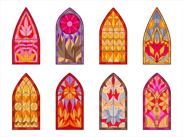 Vector ventanas de la iglesia de mosaico vidrieras decorativas vidrieras de la catedral vidrieras de diseño geométrico y floral ventanas planas dibujos animados vector ilustración conjunto