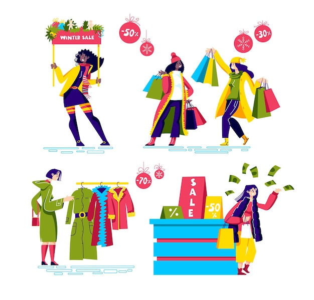 Ventas de compras de invierno con personajes femeninos de dibujos animados comprando ropa