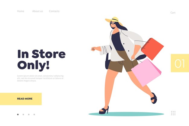 Ventas en concepto de tienda de página de inicio con mujer con bolsas de compras en marcha. Personaje femenino de dibujos animados con prisa por las ventas y descuentos de temporada. ilustración vectorial plana