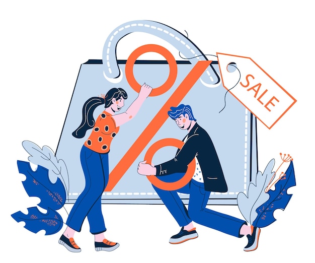 Las ventas en línea y el precio reducen el banner con personas de dibujos animados con Las ventas en línea y el precio reducen el banner con personas de dibujos animados con