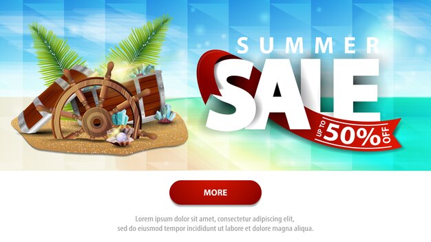 Ventas de verano, plantilla de banner web de descuento para su sitio web con un hermoso paisaje marino