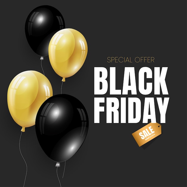 Ventas del Viernes Negro diseño de lujo con globos negros y dorados