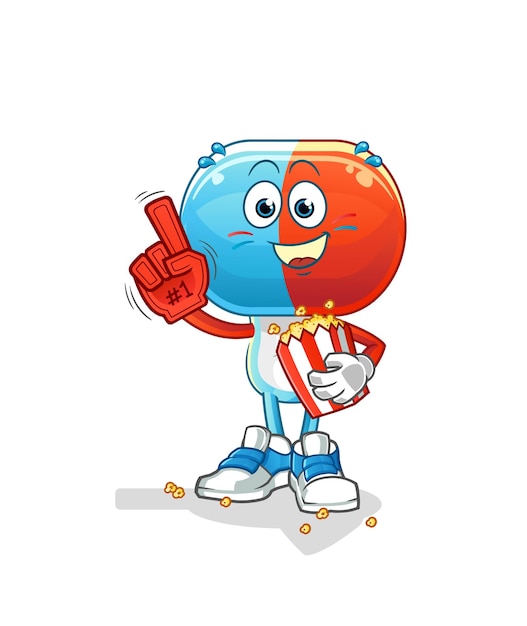 Ventilador de dibujos animados de cabeza de cápsula con vector de caracteres de ilustración de palomitas de maíz