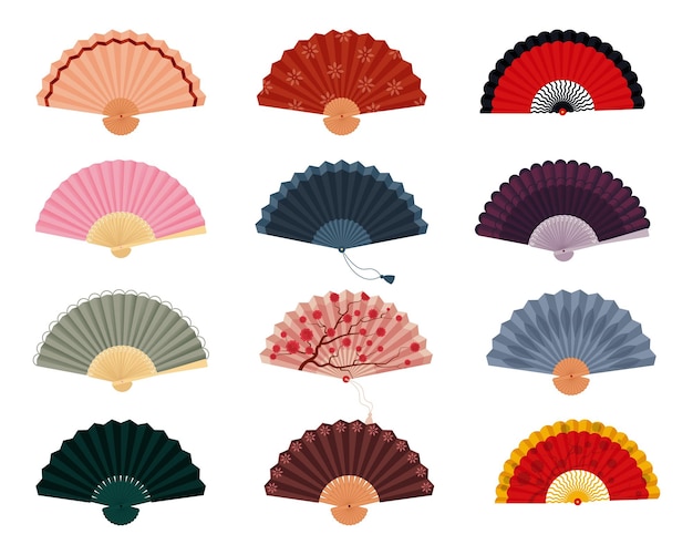 Ventilador de mano en estilo japonés, español y chino en ventilador Ilustración de vector aislado