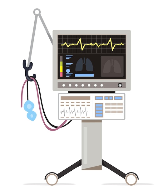 Ventilador médico para cuidados médicos intensivos, ilustración vectorial plana.