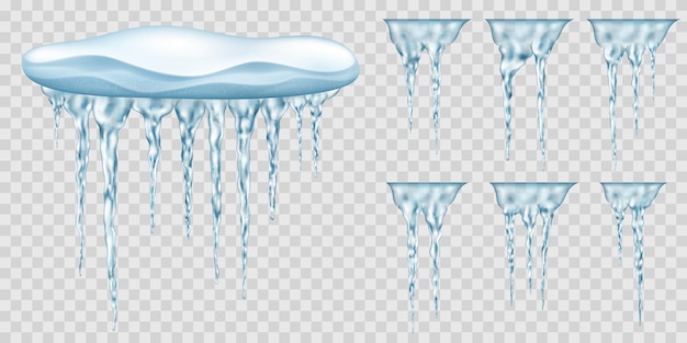 Ventisquero con carámbanos translúcidos realistas de color azul claro colgantes y algunos extra Para uso en fondo claro Transparencia solo en formato vectorial