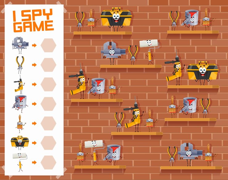 Vector veo, espío, juego, reparación de dibujos animados, personajes de herramientas de trabajo de bricolaje