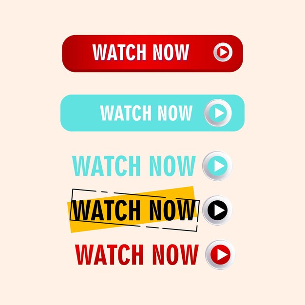 Ver ahora botones etiqueta etiqueta pegatina icono conjunto diseño vectorial reproducir ver vídeo ahora en estilo plano