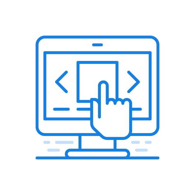 Ver archivos en el icono de vector de línea de monitor de computadora desplazándose a través de páginas de información y electrónica