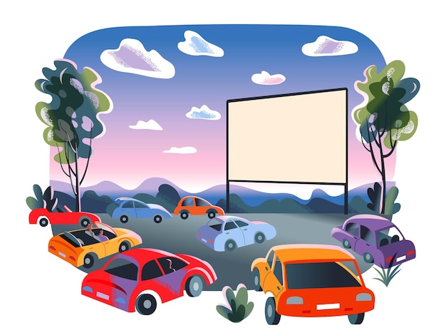 Vector ver películas al aire libre en el estacionamiento de la ciudad de cine al aire libre viendo películas entretenimiento y relajación moderna aislado en fondo blanco