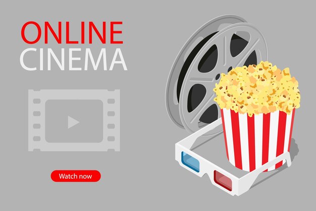 Ver películas de arte de cine en línea con gafas 3D de palomitas de maíz y proyector de cine concepto de cinematografía