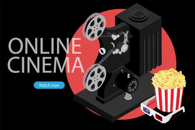 Ver películas de arte de cine en línea con gafas 3D de palomitas de maíz y proyector de cine concepto de cinematografía