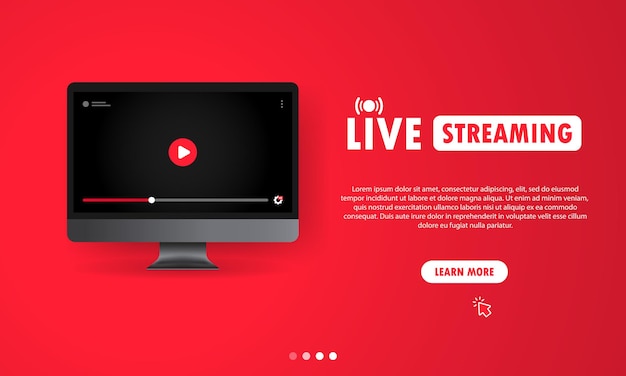Ver transmisión en vivo en la ilustración de la computadora. Seminario web en línea, lección, curso. Usuario de redes sociales. Vector sobre fondo aislado. EPS 10.