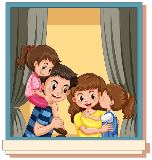 Ver a través de la ventana del personaje de dibujos animados de los miembros de la familia