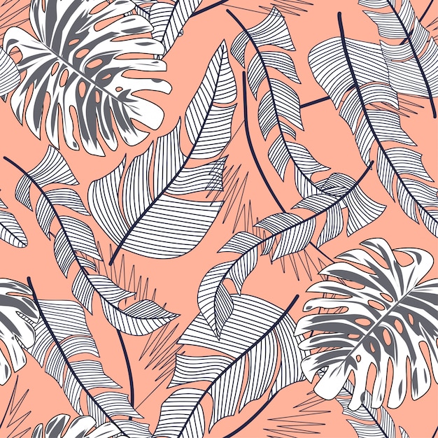 Verano brillante patrón transparente con coloridas hojas tropicales y plantas sobre fondo beige