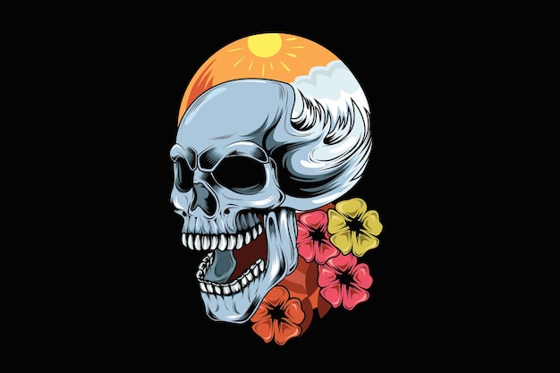 Verano con calavera y flores de belleza dibujo a mano ilustración