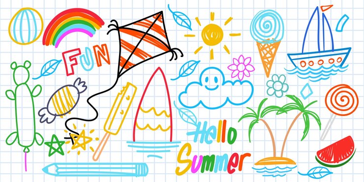 Verano, divertido, mano, dibujado, símbolos, vector, conjunto, frutas, helado, sol, cometa, como, niños, colorido, crayón, pastel, caramelo, arco iris, coco, tiza, nube, caramelo, sandía, arco iris, o, trazo de lápiz