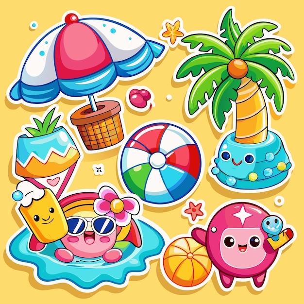 Verano divertido con personajes lindos y artículos de playa