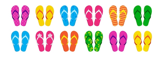 Verano flip flop vector icono playa zapatilla piscina zapato mar sandalia conjunto patrón brillante dibujos animados caucho calzado aislado sobre fondo blanco Linda ilustración