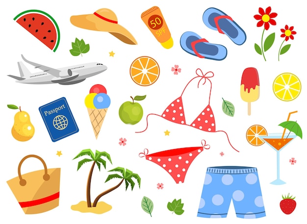 El verano en un fondo blanco palmeras trajes de baño chanclas frutas helado avión
