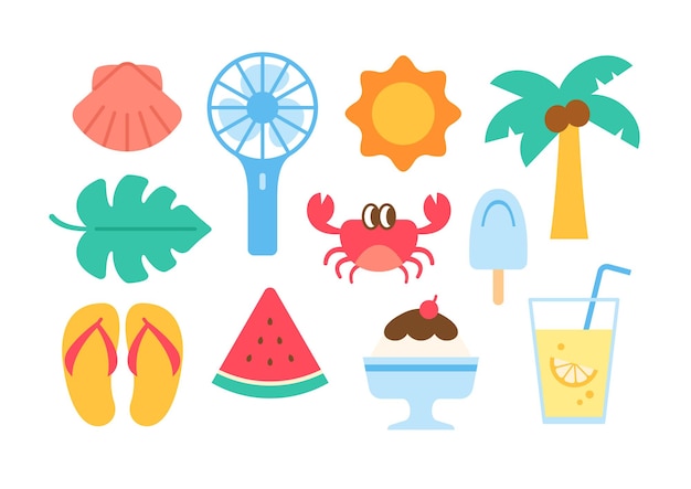 El verano lindo ilustraciones iconos pegatinas conjunto de estilo de dibujos animados vector plano símbolos de verano clipart