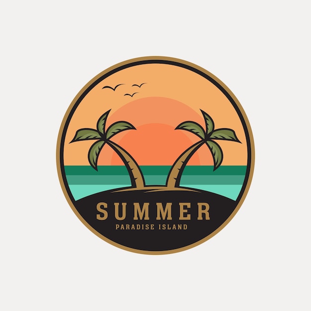 Verano logo vector vintage con emblema ilustración plantilla diseño paraíso isla océano sol