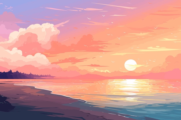 Verano mar atardecer paisaje plano vector arte ilustración retro vintage poster