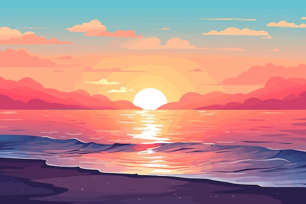 Verano mar atardecer paisaje plano vector arte ilustración retro vintage poster