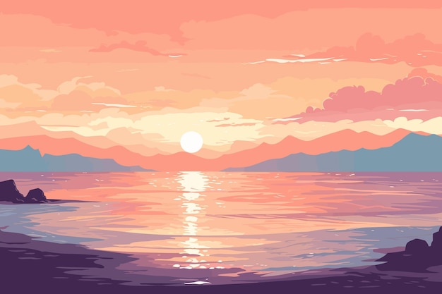 Verano mar atardecer paisaje plano vector arte ilustración retro vintage poster