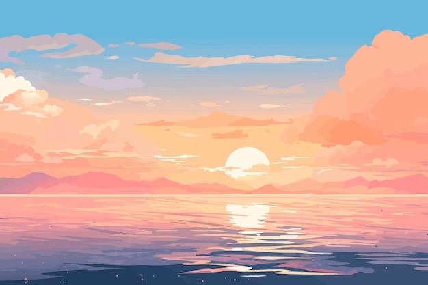 Verano mar atardecer paisaje plano vector arte ilustración retro vintage poster
