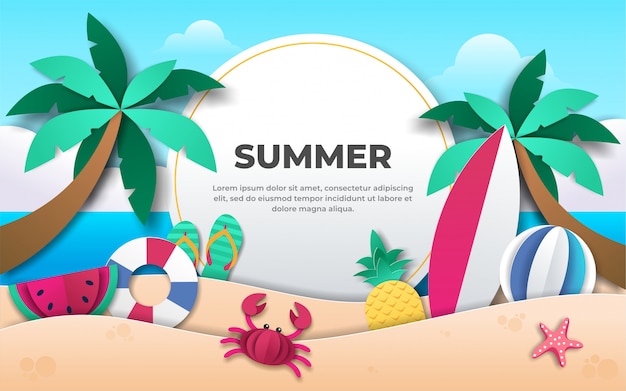 verano con origami decoración en el fondo de la playa