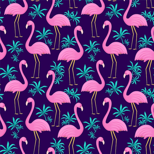 Verano de patrones sin fisuras de flamencos y hojas tropicales Fondo vectorial