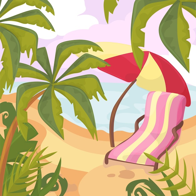 Verano en la playa. Palmeras y plantas alrededor Ilustración de vector de dibujos animados. Vacaciones de verano en la costa del mar