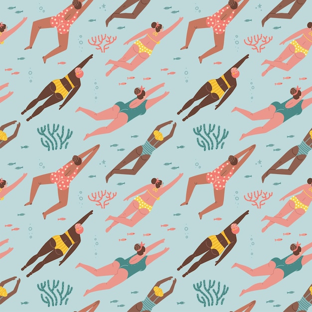 Verano playa de patrones sin fisuras bonitas mujeres nadando en el mar vector plano dibujado a mano ilustración w
