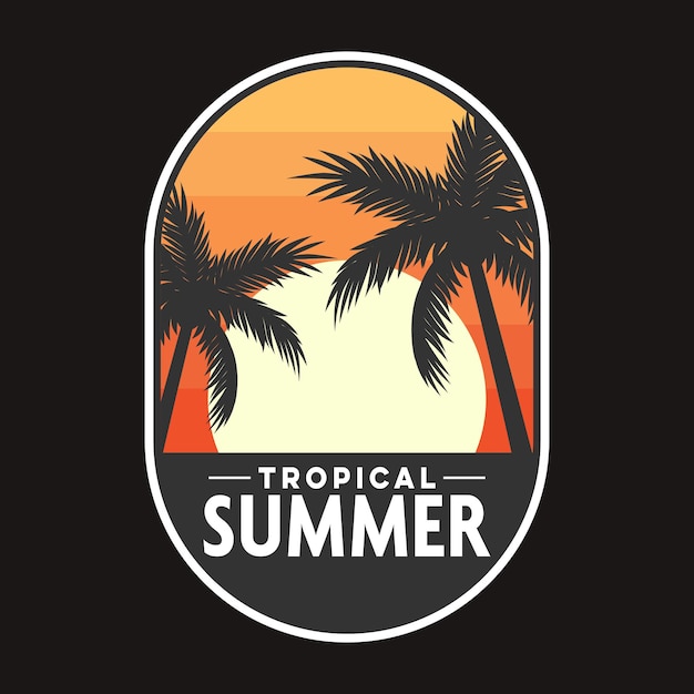 Verano Puesta de sol Playa Surf Etiqueta Vector Ilustración Retro Vintage Insignia Etiqueta y diseño de camiseta