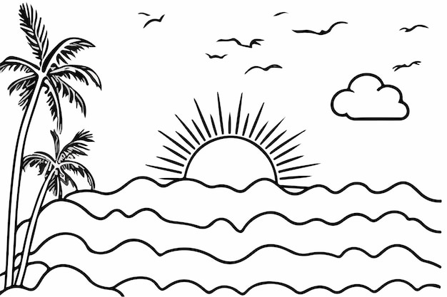 Verano puesta de sol playa tropical línea arte vector ilustración dibujado a mano puesta de sol y amanecer contorno lan