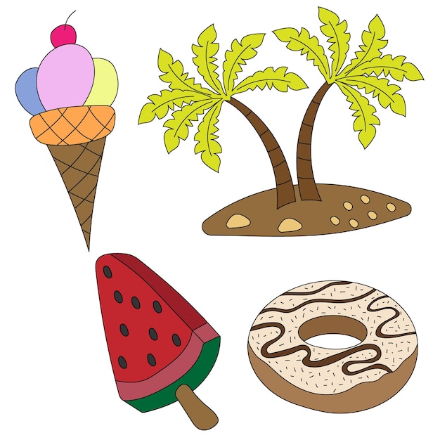 El verano trata helados palmeras sandía y una rosquilla