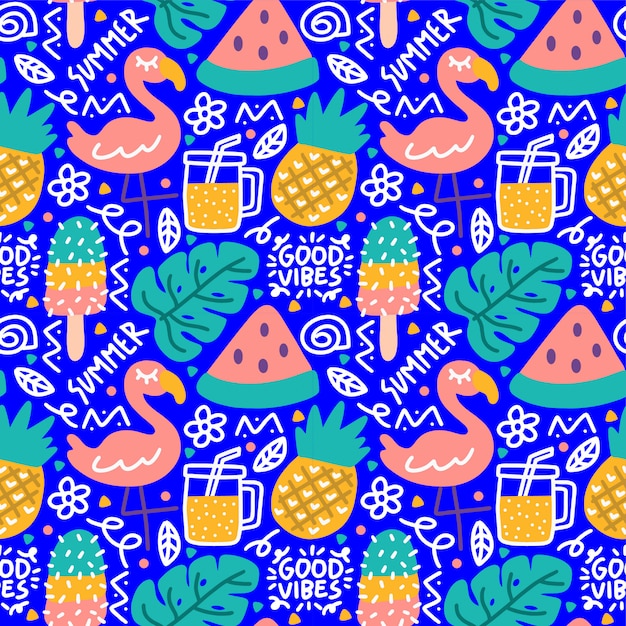 Verano tropical doodle buenas vibraciones flamingo monstera jugo sandía de patrones sin fisuras