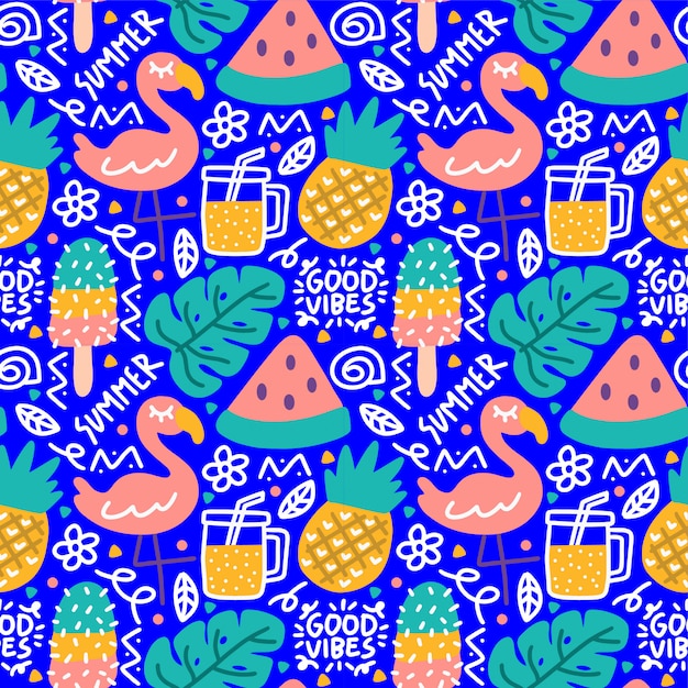 Vector verano tropical doodle buenas vibraciones flamingo monstera jugo sandía de patrones sin fisuras