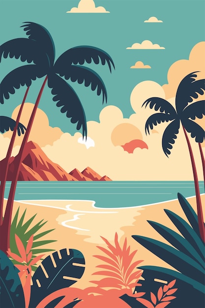 Verano tropical playa océano puesta de sol y amanecer vista dibujos animados vector ilustración