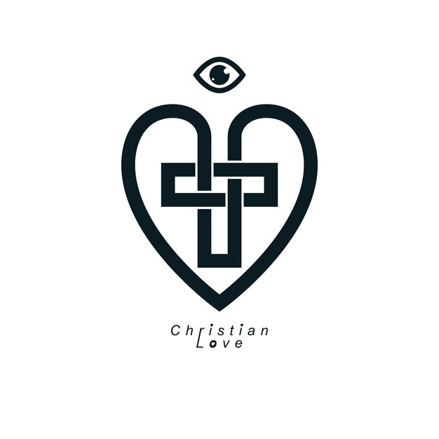 Verdadero amor cristiano y creencia en Dios, diseño de símbolos creativos vectoriales, cruz cristiana combinada y corazón, logotipo vectorial o signo.