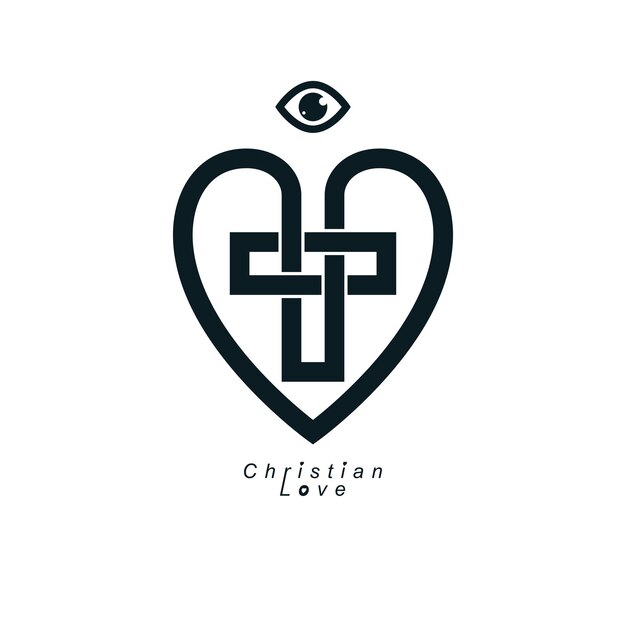 Verdadero amor cristiano y creencia en Dios, diseño de símbolos creativos vectoriales, cruz cristiana combinada y corazón, logotipo vectorial o signo.