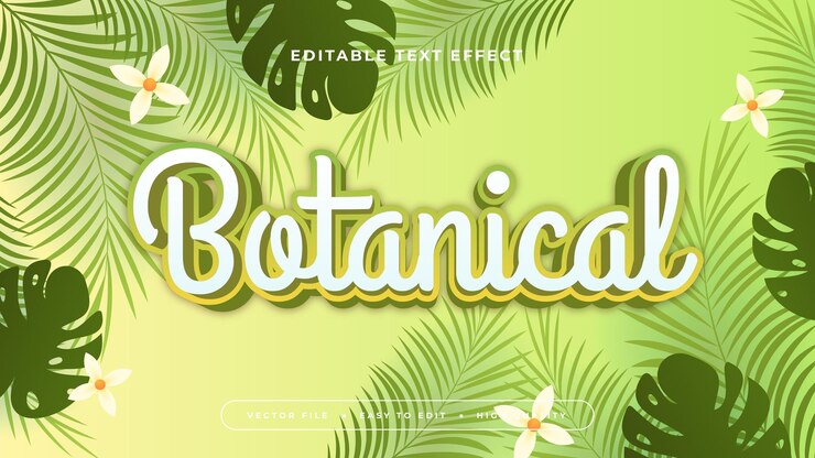 Vector verde amarillo y blanco botánico estilo de fuente de efecto de texto 3d editable