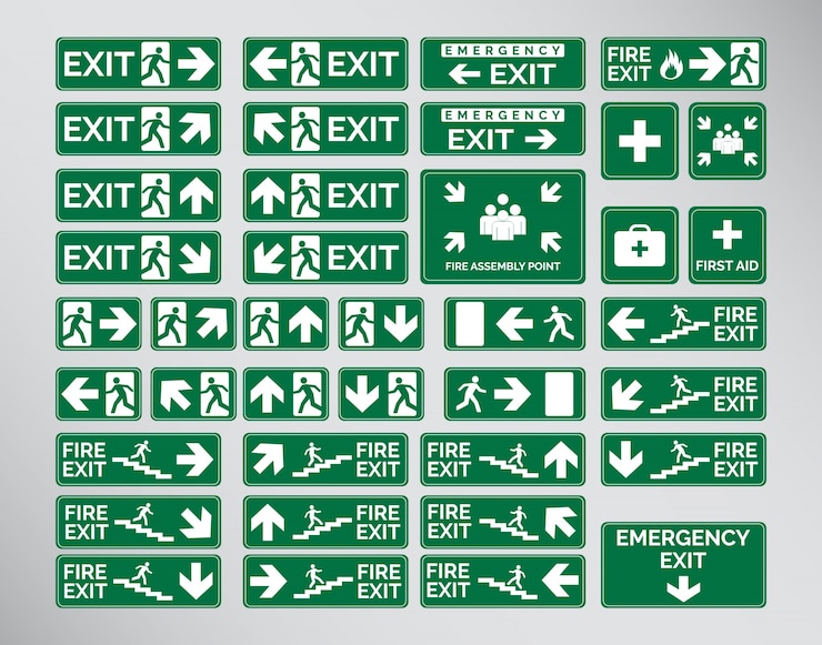 Vector verde, emergencia, salida, señales, icono, símbolo, conjunto, plantilla