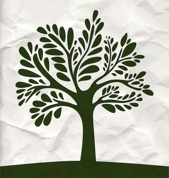Vector verde silueta estilizada de árbol con ramas en papel arrugado. ilustración de naturaleza vectorial.