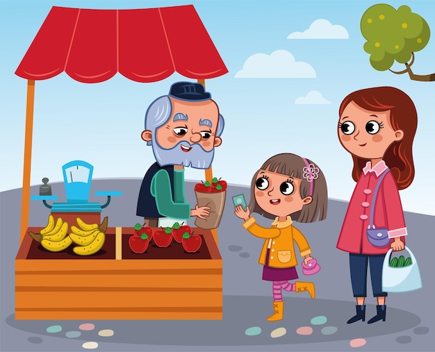 Verdulero y una ilustración de vector de niña
