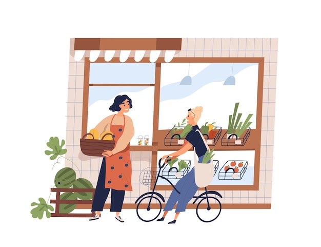Verdulero de mujer amigable y comprador en ilustración plana de vector de fachada de supermercado. Propietaria sonriente que trabaja en una pequeña tienda con verduras y frutas aisladas. Niña cliente en bicicleta habla con el vendedor.