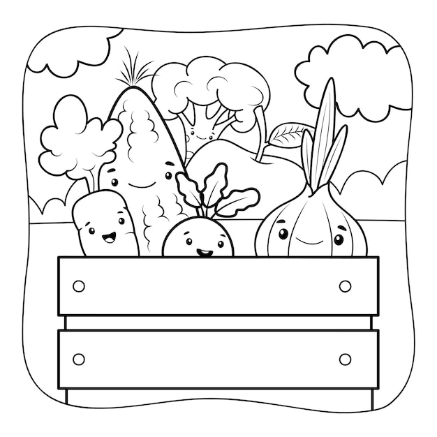 Verduras en blanco y negro Libro para colorear o página para colorear para niños Fondo de naturaleza