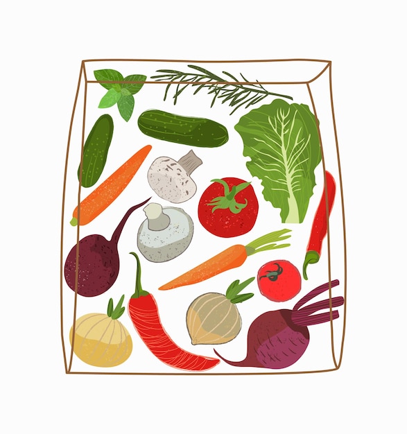 Verduras en una bolsa de papel Un conjunto de elementos para cocinar Concepto de compra de alimentos saludables y Vector