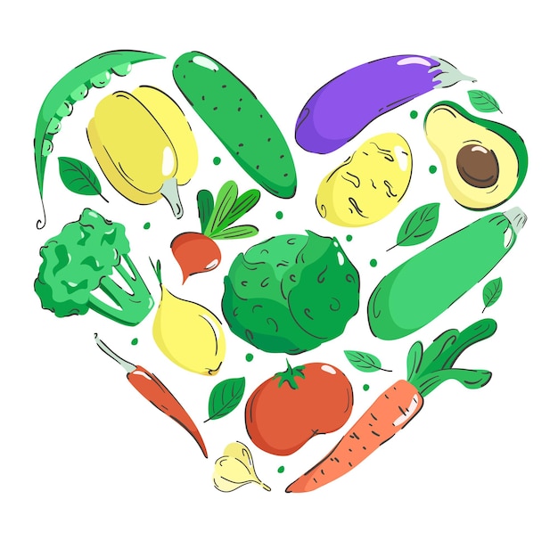 Verduras brillantes y saludables en forma de corazón Composición vectorial sobre el tema del vegetarianismo